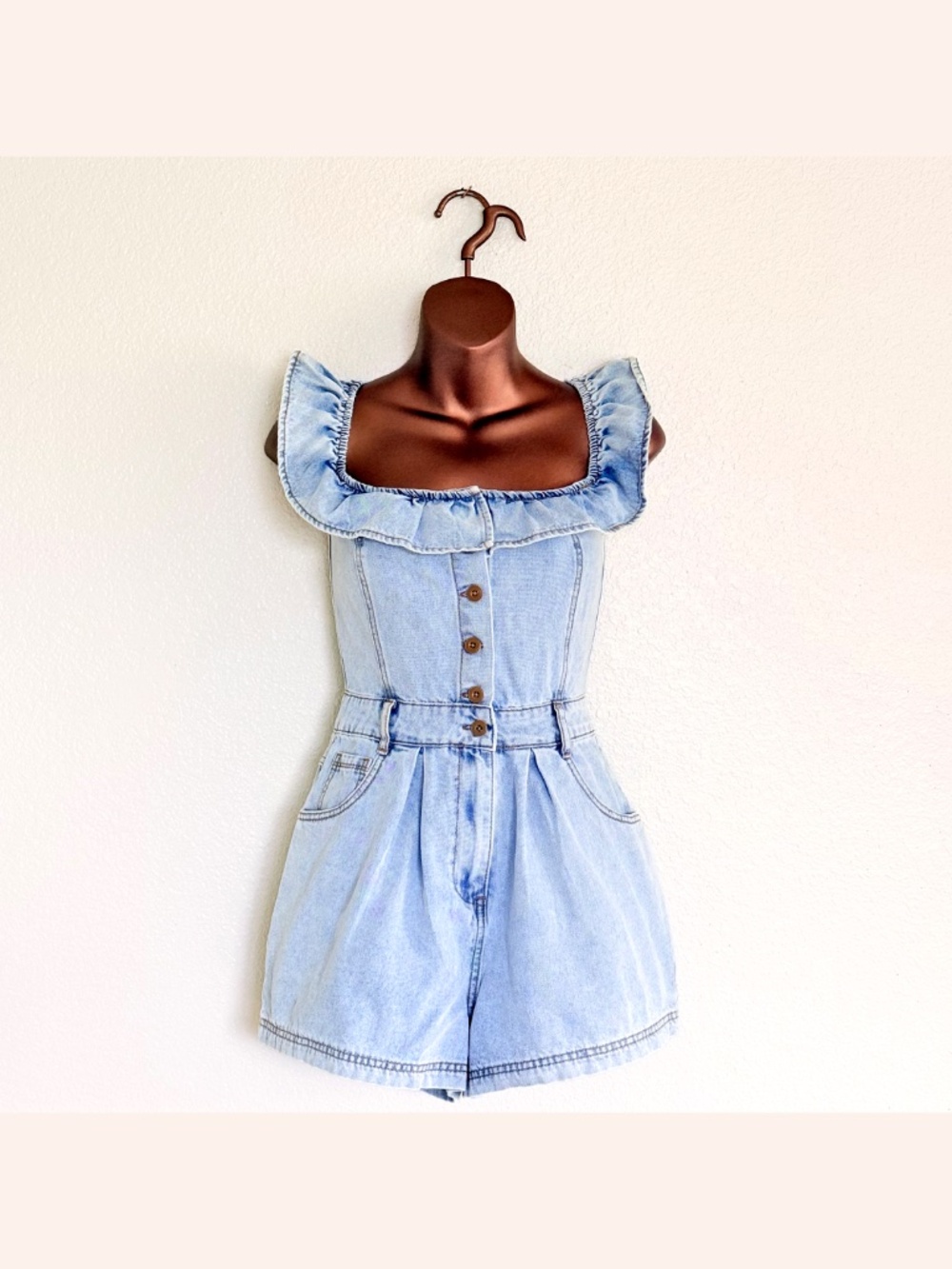 MABLE Coquette Light Denim Romper Ruffle Off-Shoulder Sweetheart Playsuit Sz S